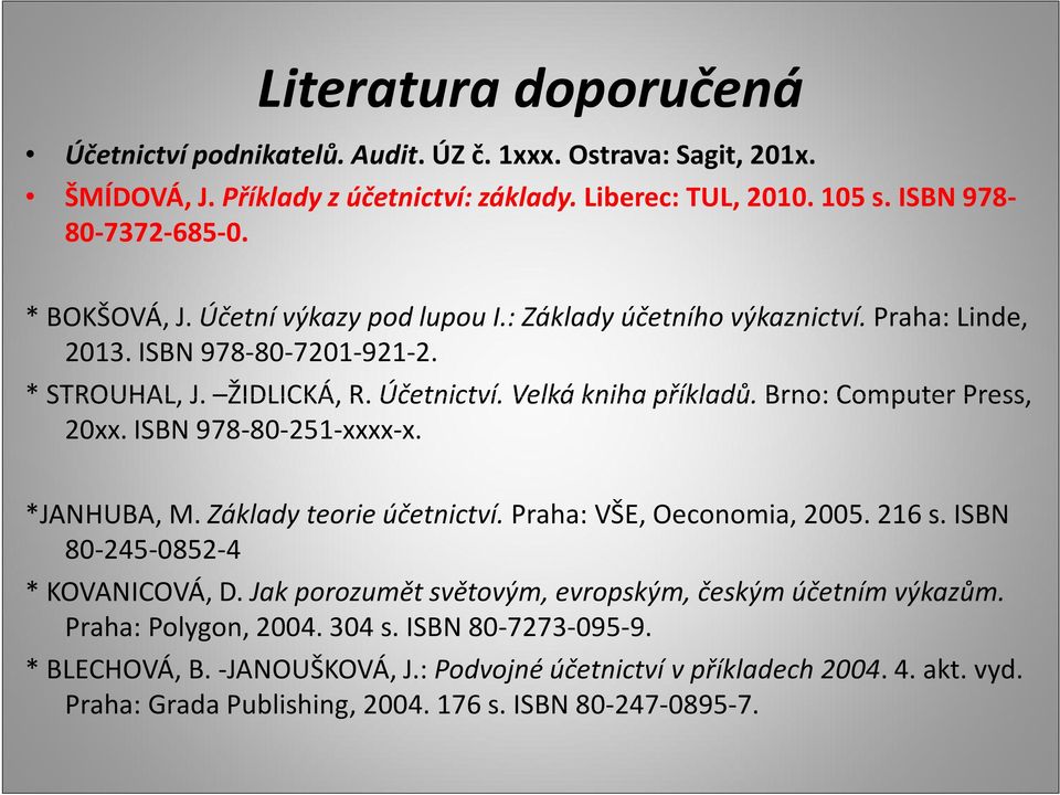 Brno: Computer Press, 20xx. ISBN 978-80-251-xxxx-x. *JANHUBA, M. Základy teorie účetnictví. Praha: VŠE, Oeconomia, 2005. 216 s. ISBN 80-245-0852-4 * KOVANICOVÁ, D.