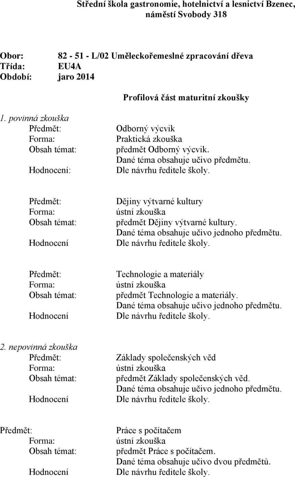 Dějiny výtvarné kultury předmět Dějiny výtvarné kultury. Dané téma obsahuje učivo jednoho předmětu. Technologie a materiály předmět Technologie a materiály.