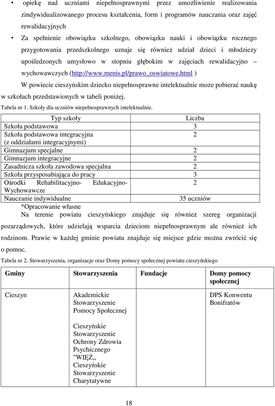 wychowawczych (http://www.menis.pl/prawo_oswiatowe.html ) W powiecie cieszyńskim dziecko niepełnosprawne intelektualnie może pobierać naukę w szkołach przedstawionych w tabeli poniżej. Tabela nr 1.