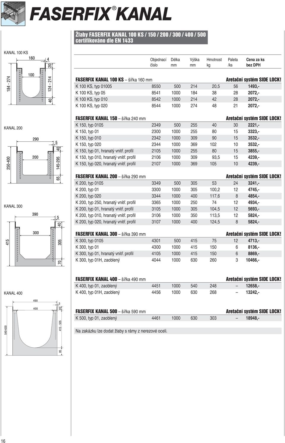 21 2072,- KANAL 200 KANAL 300 FASERFIX KANAL 150 šířka 240 mm K 150, typ 0105 2349 500 255 40 30 2221,- K 150, typ 01 2300 1000 255 80 15 3323,- K 150, typ 010 2342 1000 309 90 15 3532,- K 150, typ