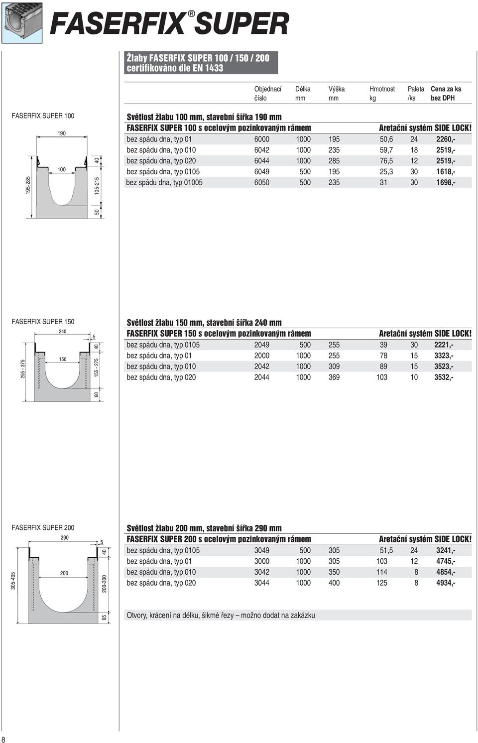 bez spádu dna, typ 020 6044 1000 285 76,5 12 2519,- bez spádu dna, typ 0105 6049 500 195 25,3 30 1618,- bez spádu dna, typ 01005 6050 500 235 31 30 1698,- 50 FASERFIX SUPER 150 Světlost žlabu 150 mm,