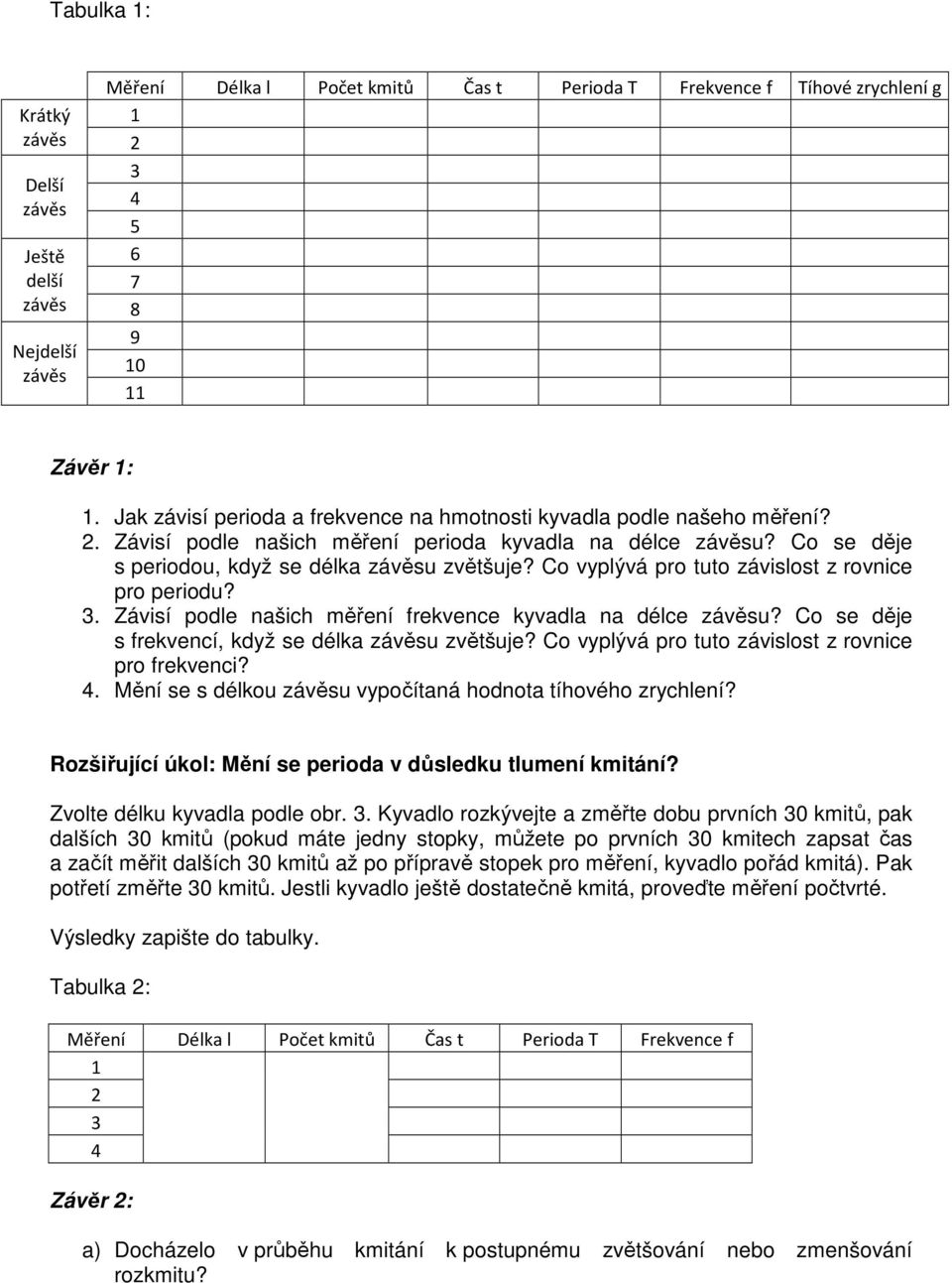 Co vyplývá pro tuto závislost z rovnice pro periodu? 3. Závisí podle našich měření frekvence kyvadla na délce u? Co se děje s frekvencí, když se délka u zvětšuje?