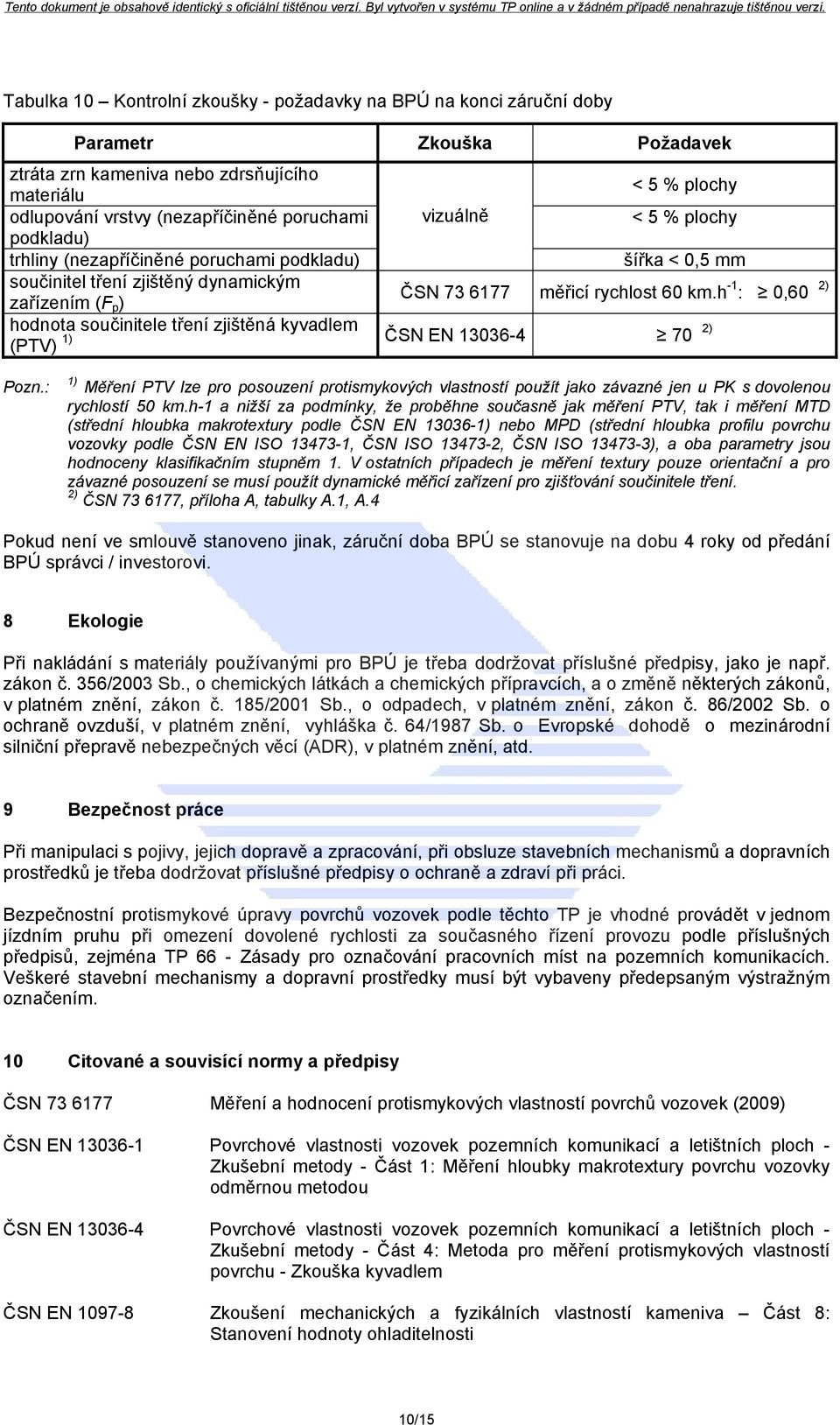 h -1 : 0,60 2) hodnota součinitele tření zjištěná kyvadlem 1) (PTV) ČSN EN 13036-4 2) 70 Pozn.