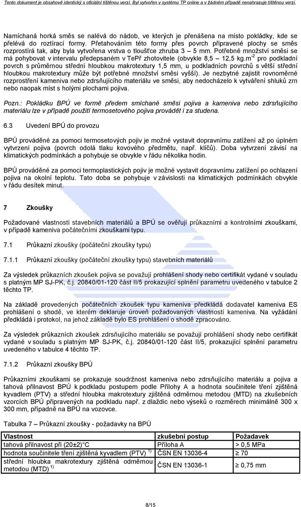 Potřebné množství směsi se má pohybovat v intervalu předepsaném v TePř zhotovitele (obvykle 8,5 12,5 kg.