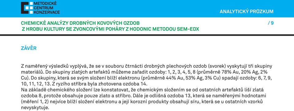 Do skupiny, která se svým složení blíží elektronu (průměrně 44% Au, 53% Ag, 3% Cu) spadají ozdoby: 6, 7, 9, 10, 11, 12, 13. Z ryzího stříbra byla zhotovena ozdoba 14.