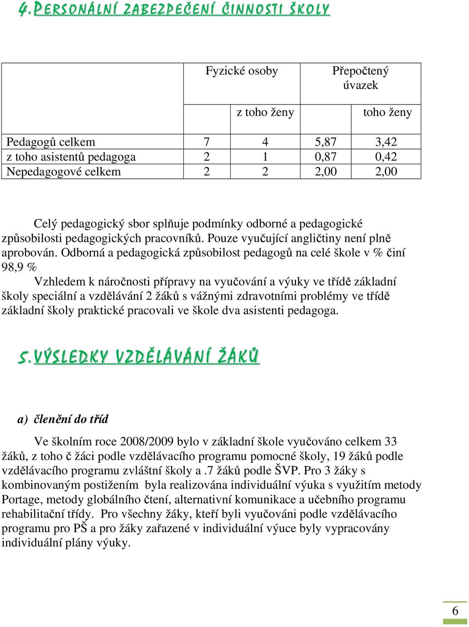 Odborná a pedagogická způsobilost pedagogů na celé škole v % činí 98,9 % Vzhledem k náročnosti přípravy na vyučování a výuky ve třídě základní školy speciální a vzdělávání 2 žáků s vážnými