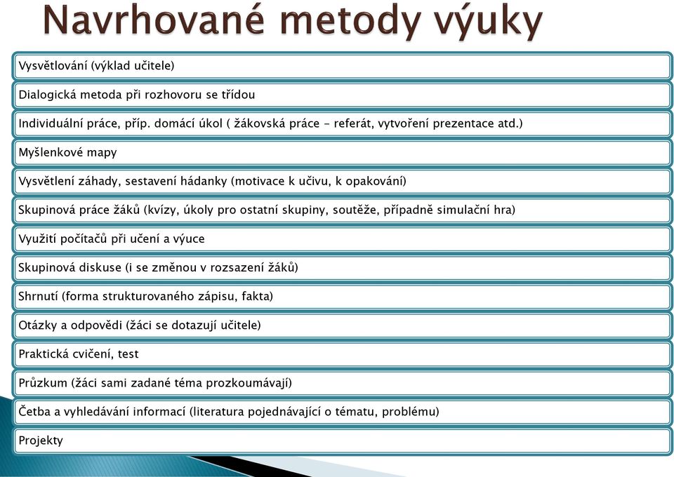 simulační hra) Využití počítačů při učení a výuce Skupinová diskuse (i se změnou v rozsazení žáků) Shrnutí (forma strukturovaného zápisu, fakta) Otázky a odpovědi