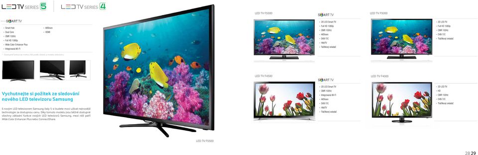 LED TV F4500 LED TV F4000 Vychutnejte si požitek ze sledování nového LED televizoru Samsung S novým LED televizorem Samsung řady 5 si budete moci užívat nejnovější technologie za dostupnou cenu.