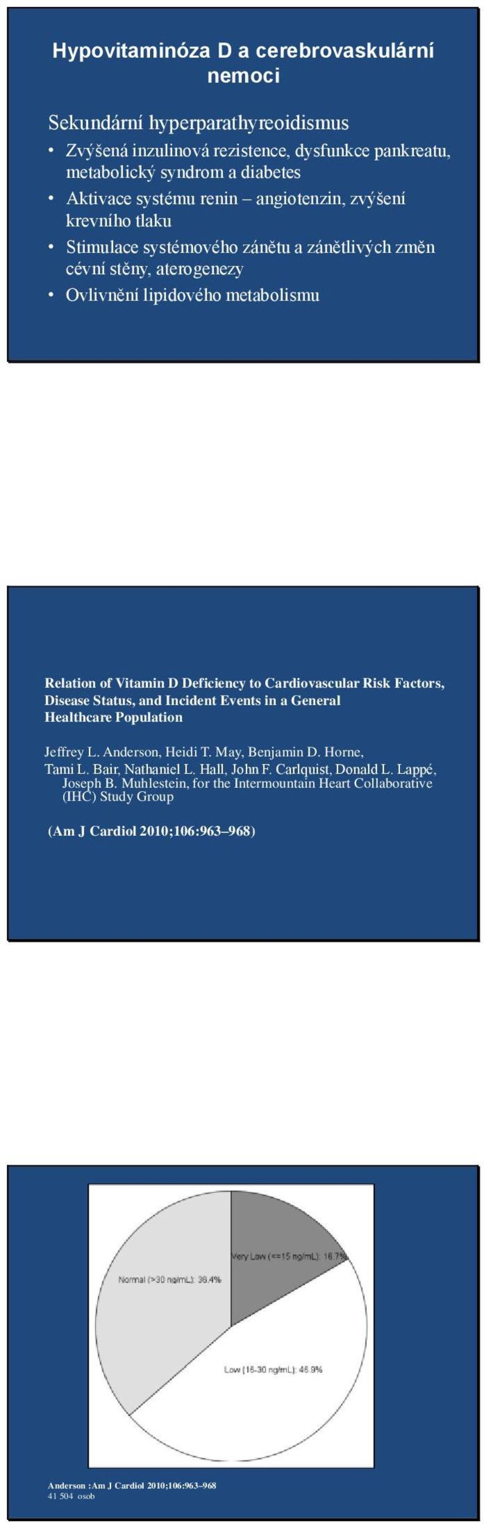 Cardiovascular Risk Factors, Disease Status, and Incident Events in a General Healthcare Population Jeffrey L. Anderson, Heidi T. May, Benjamin D. Horne, Tami L. Bair, Nathaniel L.