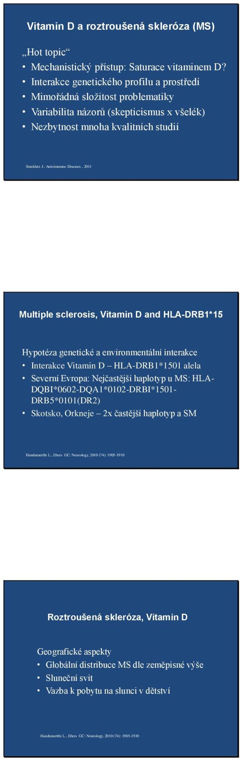 : Autoimmune Diseases, 2011 Multiple sclerosis, Vitamin D and HLA-DRB1*15 Hypotéza genetické a environmentální interakce Interakce Vitamin D HLA-DRB1*1501 alela Severní Evropa: Nejčastější haplotyp u
