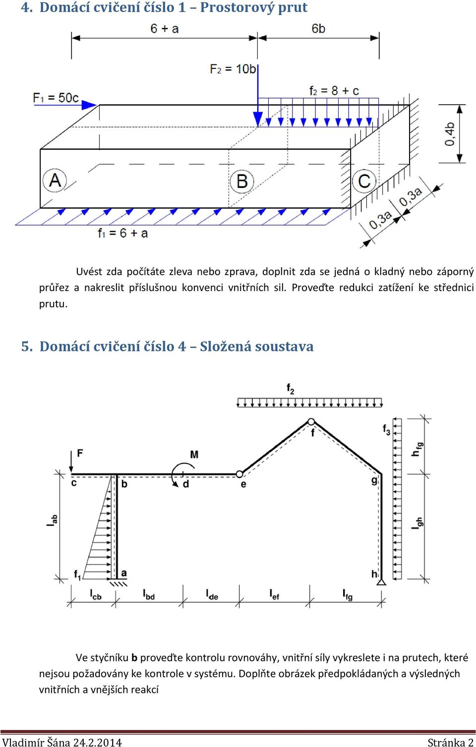 Domácí cvičení číslo 4 Složená soustava Ve styčníku b proveďte kontrolu rovnováhy, vnitřní síly vykreslete i na prutech,