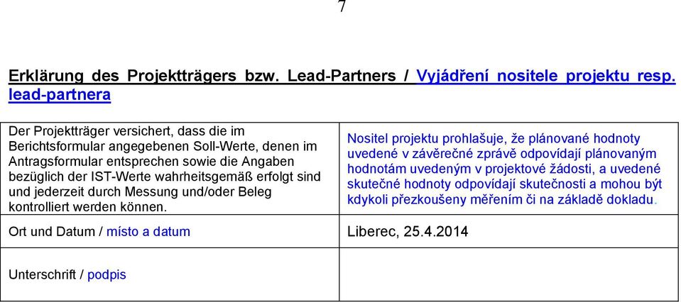 IST-Werte wahrheitsgemäß erfolgt sind und jederzeit durch Messung und/oder Beleg kontrolliert werden können. Ort und Datum / místo a datum Liberec, 25.4.