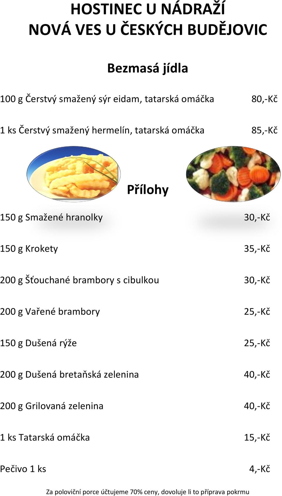 Vařené brambory 25,-Kč 150 g Dušená rýže 25,-Kč 200 g Dušená bretaňská zelenina 40,-Kč 200 g Grilovaná zelenina