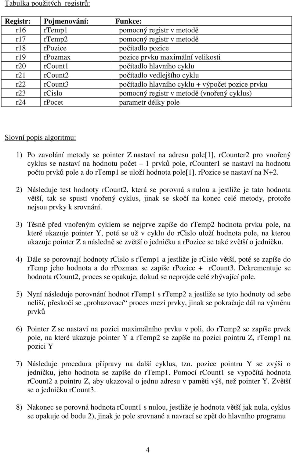 r24 rpocet parametr délky pole Slovní popis algoritmu: 1) Po zavolání metody se pointer Z nastaví na adresu pole[1], rcounter2 pro vnořený cyklus se nastaví na hodnotu počet 1 prvků pole, rcounter1