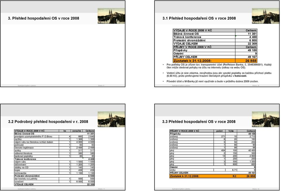 Příspěvky 49 158 Ostatní 9 PŘÍJMY CELKEM 49 167 Zůstatek k 31.12.2008: 26 858 Pro potřeby OS je zřízen tzv. transparentní účet (Reiffeisen Banka, č, 3548366001).