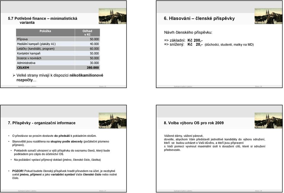 Hlasování členské příspěvky Návrh členského příspěvku: => základní: Kč 200,- => snížený: Kč 20,- (důchodci, studenti, matky na MD) Velké strany mívají k dispozici několikamilionové rozpočty Strana 25
