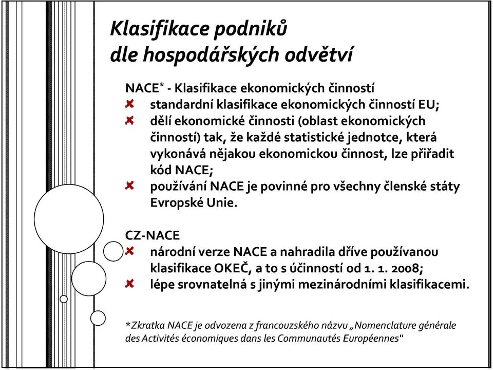 pro všechny členské státy Evropské Unie. CZ-NACE národní verze NACE a nahradila dříve používanou klasifikace OKEČ, a to s účinností od 1.