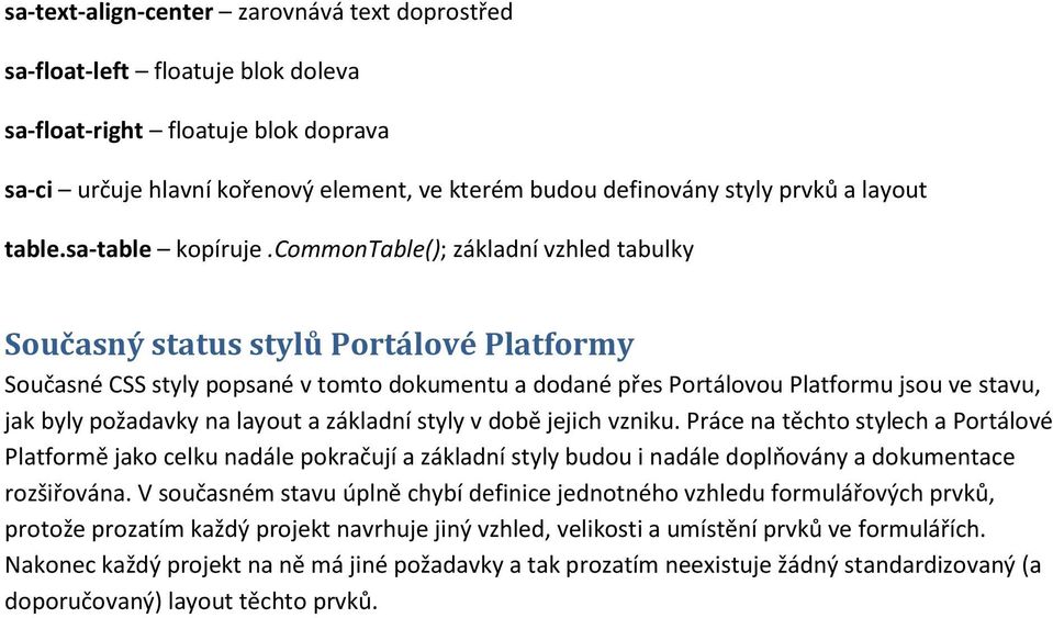 commontable(); základní vzhled tabulky Současný status stylů Portálové Platformy Současné CSS styly popsané v tomto dokumentu a dodané přes Portálovou Platformu jsou ve stavu, jak byly požadavky na