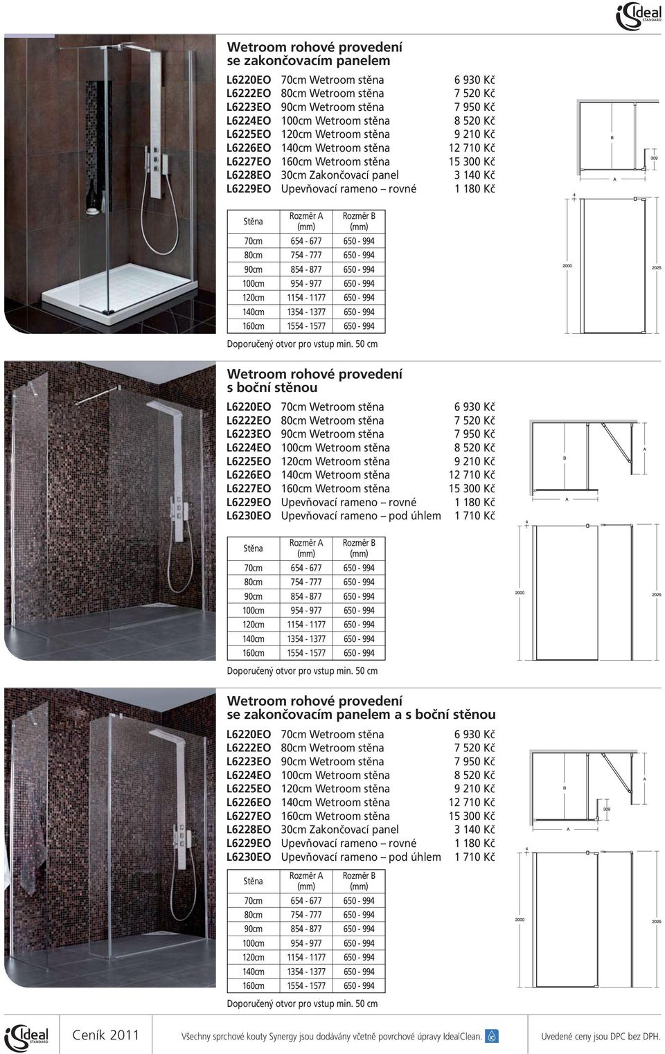 Rozměr A Rozměr B Wetroom rohové provedení se zakončovacím panelem a s boční stěnou