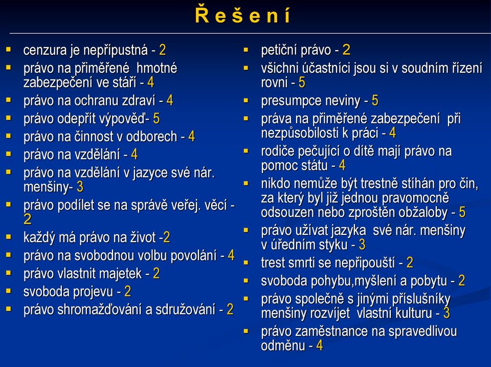 věcí - 2 každý má právo na život -2 právo na svobodnou volbu povolání - 4 právo vlastnit majetek - 2 svoboda projevu - 2 právo shromažďování a sdružování - 2 petiční právo - 2 všichni účastníci jsou