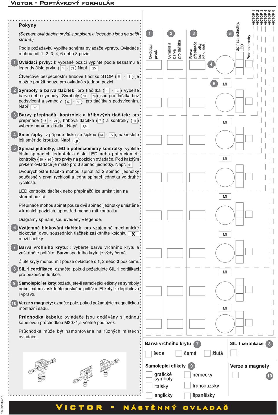 25 Čtvercové bezpečnostní hřibové tlačítko STOP ( 8-9 ) je možné použít pouze pro ovladač s jednou pozicí. Symboly a barva tlačítek: pro tlačítka ( 1-3 ) vyberte barvu nebo symboly.