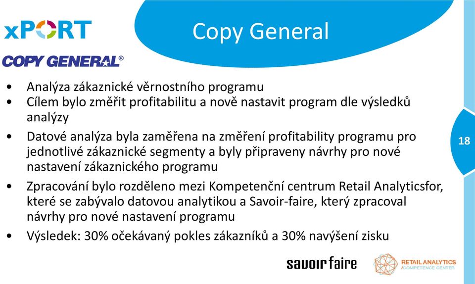 nastavení zákaznického programu Zpracování bylo rozděleno mezi Kompetenční centrum Retail Analyticsfor, které se zabývalo datovou