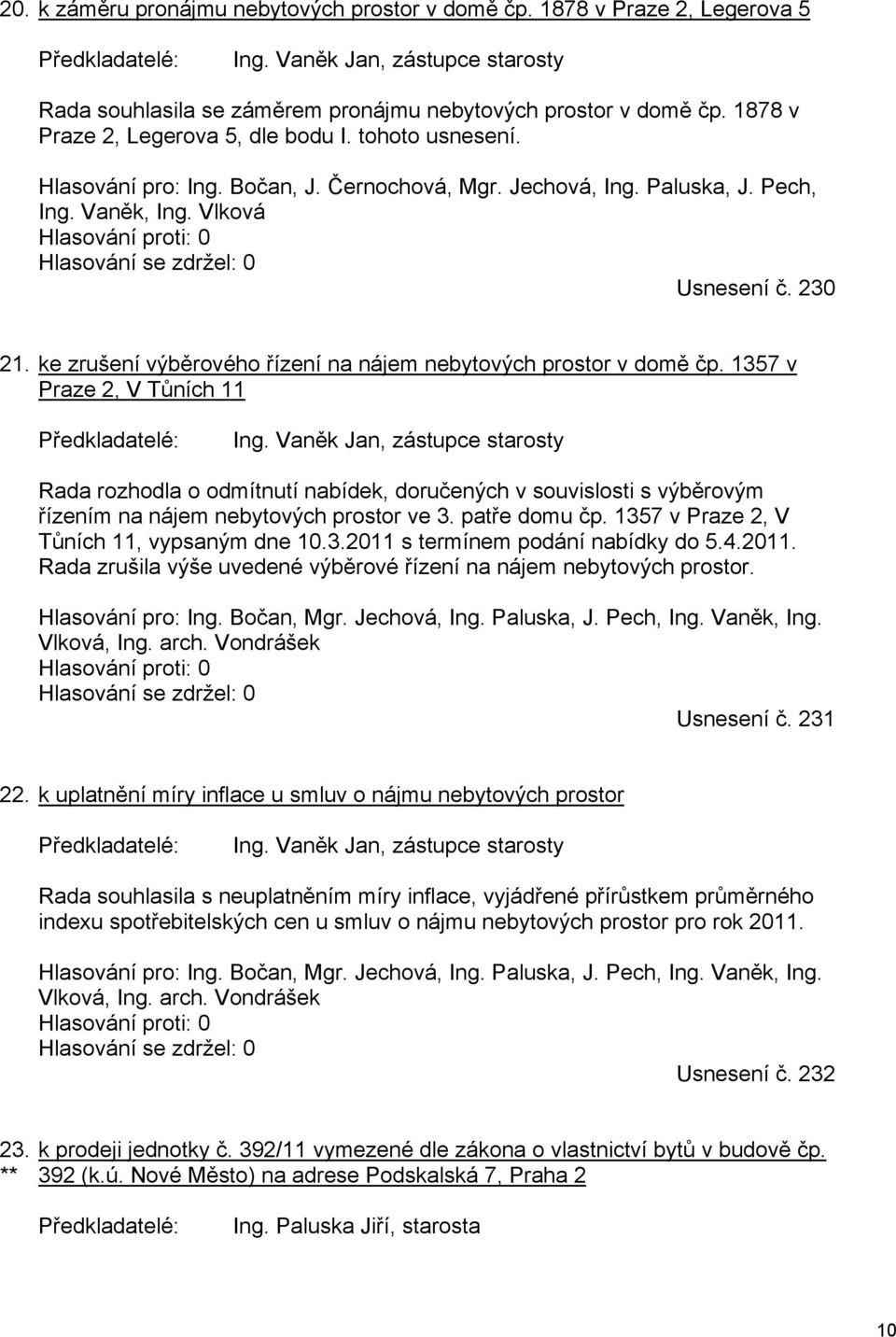 ke zrušení výběrového řízení na nájem nebytových prostor v domě čp. 1357 v Praze 2, V Tůních 11 Ing.