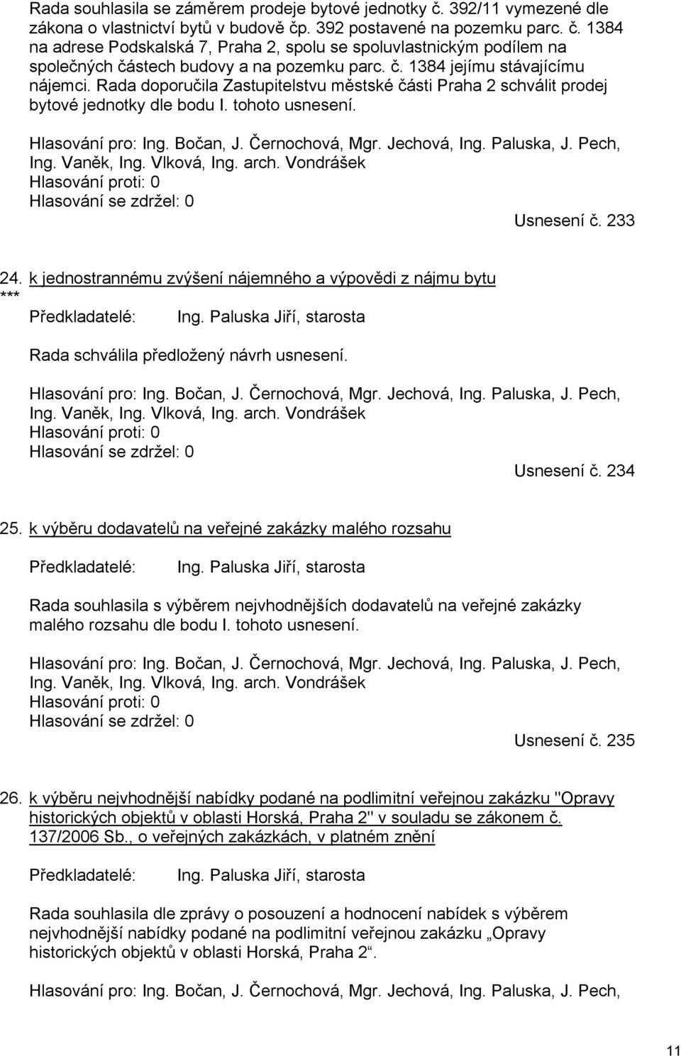 Jechová, Ing. Paluska, J. Pech, Ing. Vaněk, Ing. Vlková, Ing. arch. Vondrášek Usnesení č. 233 24. k jednostrannému zvýšení nájemného a výpovědi z nájmu bytu *** Ing.