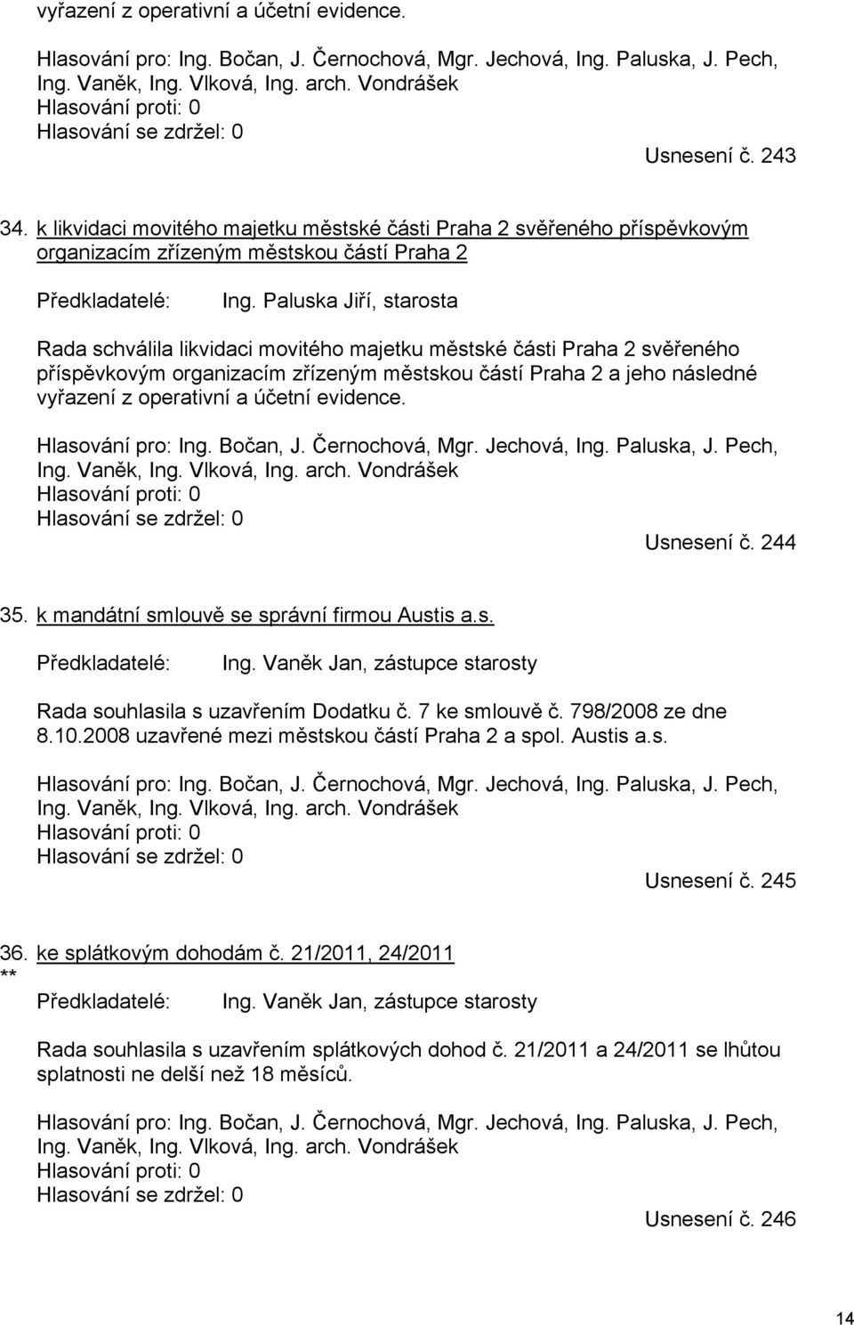 Paluska Jiří, starosta Rada schválila likvidaci movitého majetku městské části Praha 2 svěřeného příspěvkovým organizacím zřízeným městskou částí Praha 2 a jeho následné vyřazení z operativní a