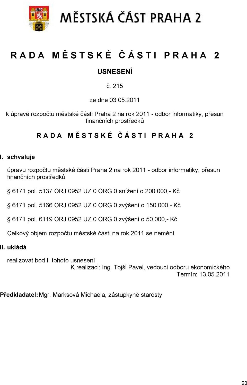 000,- Kč 6171 pol. 5166 ORJ 0952 UZ 0 ORG 0 zvýšení o 150.000,- Kč 6171 pol. 6119 ORJ 0952 UZ 0 ORG 0 zvýšení o 50.