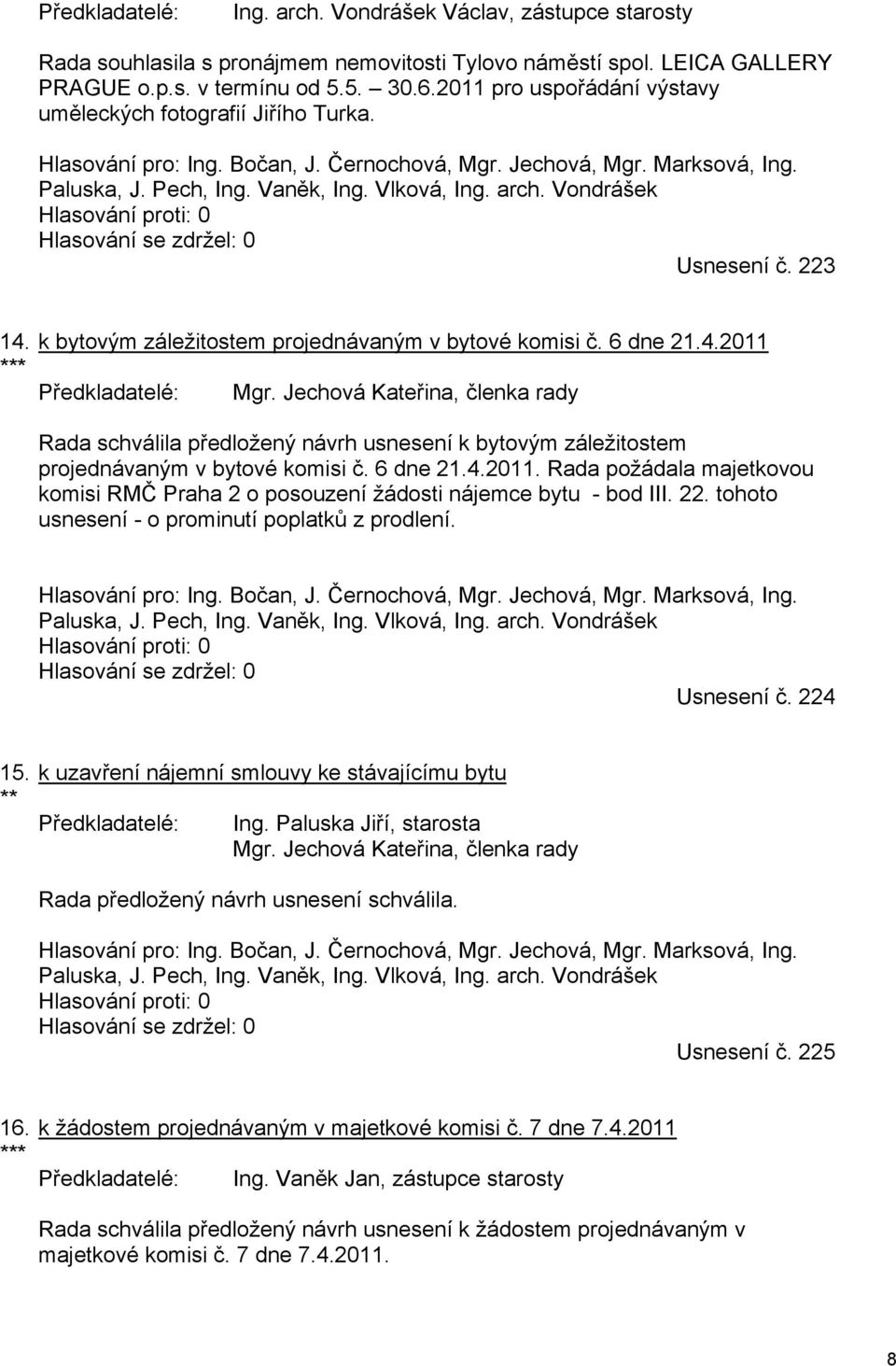 Vondrášek Usnesení č. 223 14. k bytovým záležitostem projednávaným v bytové komisi č. 6 dne 21.4.2011 *** Mgr.