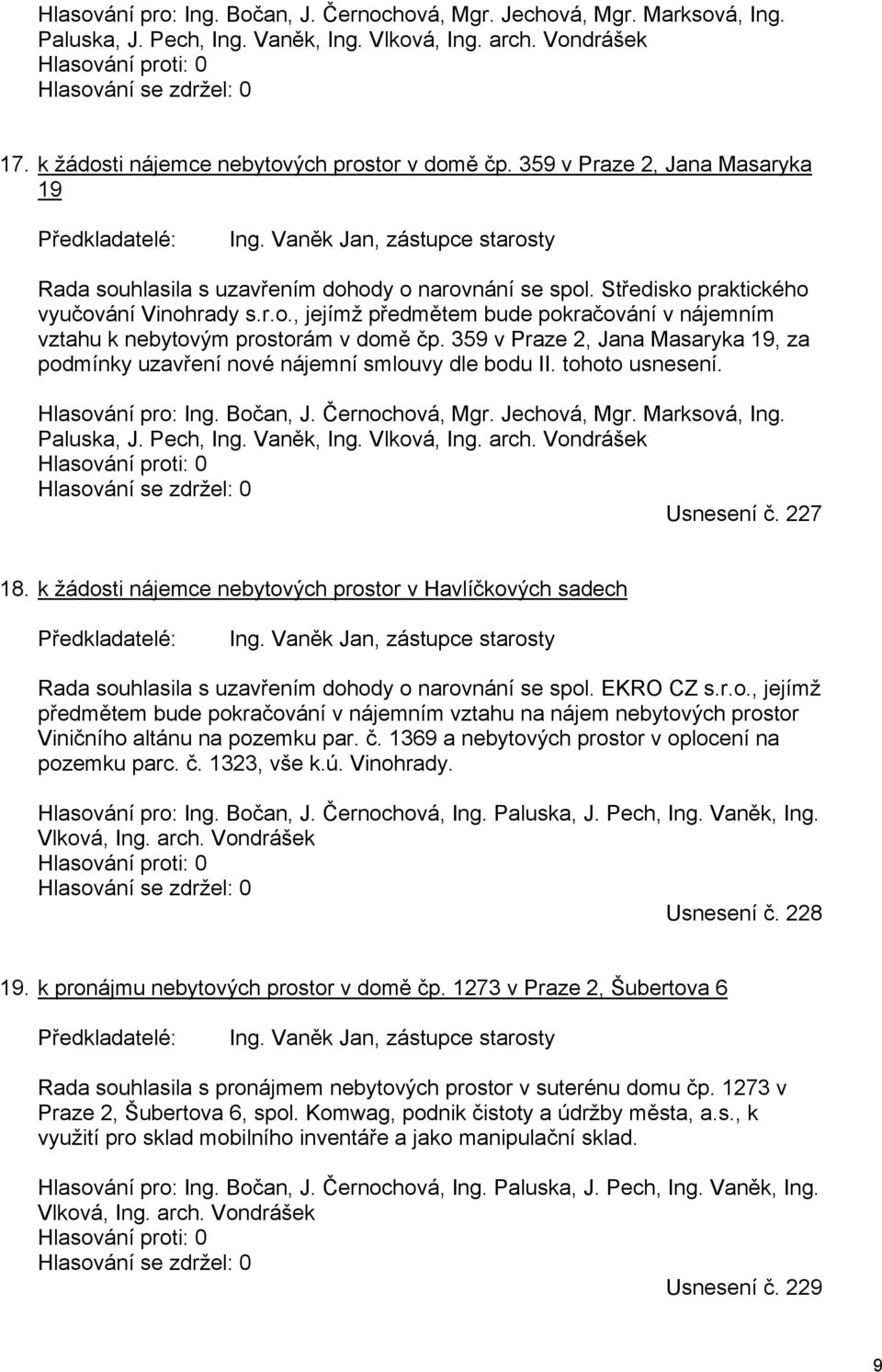 359 v Praze 2, Jana Masaryka 19, za podmínky uzavření nové nájemní smlouvy dle bodu II. tohoto usnesení. Hlasování pro: Ing. Bočan, J. Černochová, Mgr. Jechová, Mgr. Marksová, Ing. Paluska, J.