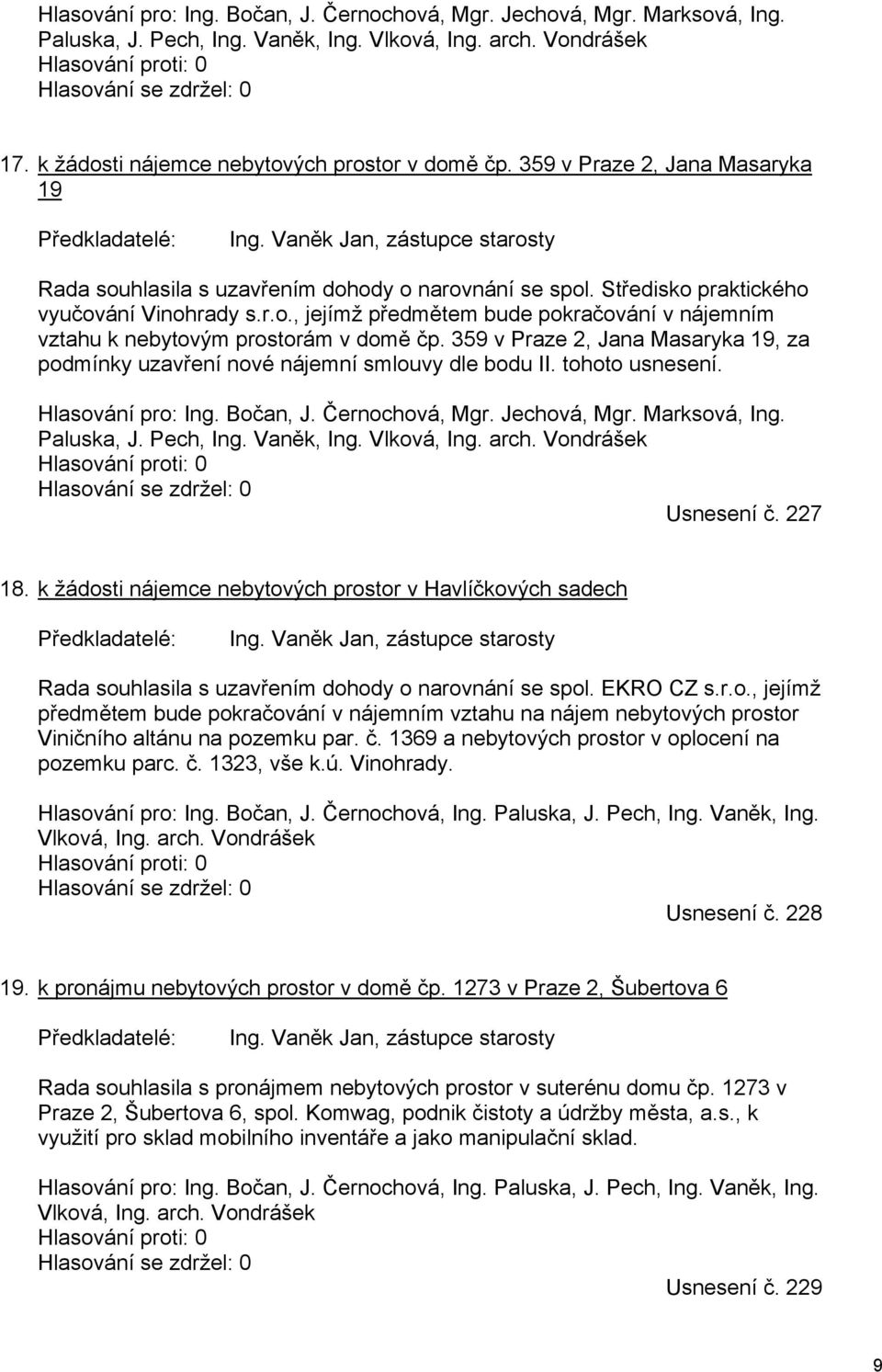 359 v Praze 2, Jana Masaryka 19, za podmínky uzavření nové nájemní smlouvy dle bodu II. tohoto usnesení. Hlasování pro: Ing. Bočan, J. Černochová, Mgr. Jechová, Mgr. Marksová, Ing. Paluska, J.