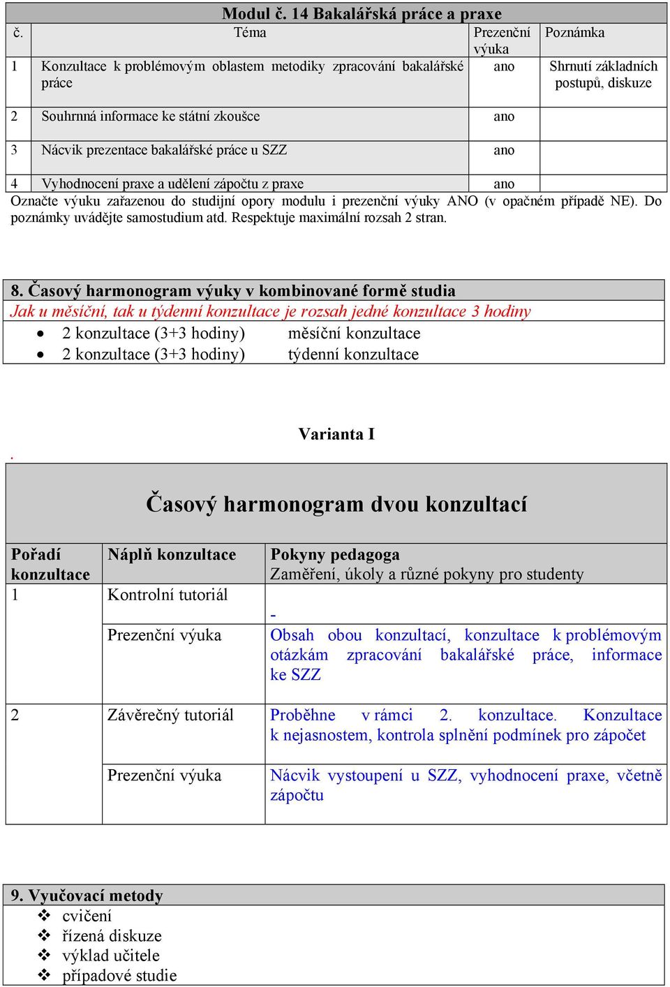 prezentace bakalářské práce u SZZ ano 4 Vyhodnocení praxe a udělení zápočtu z praxe ano Označte výuku zařazenou do studijní opory modulu i prezenční výuky ANO (v opačném případě NE).