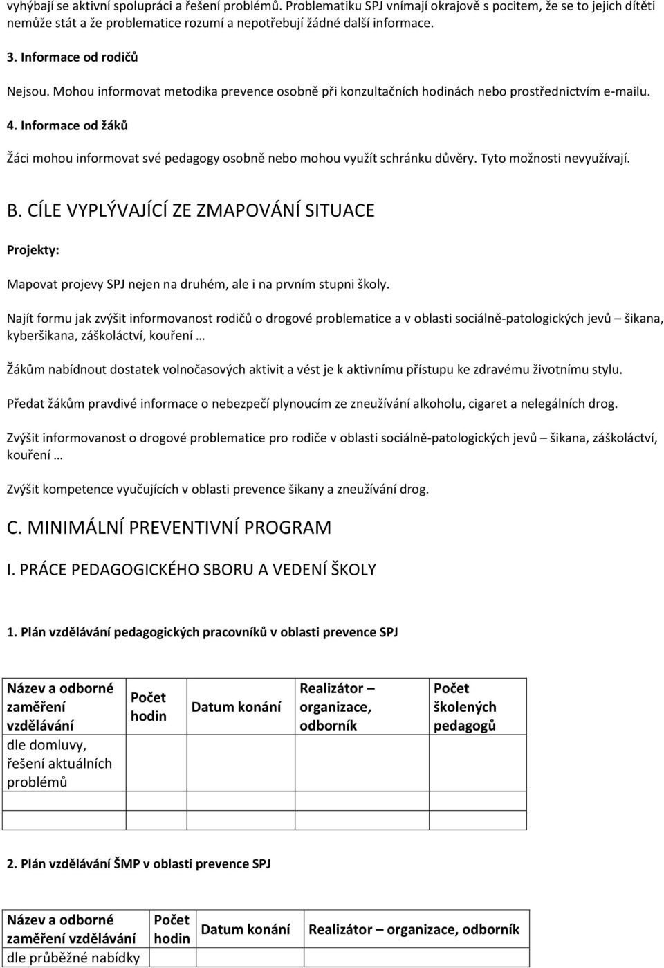 Informace od žáků Žáci mohou informovat své pedagogy osobně nebo mohou využít schránku důvěry. Tyto možnosti nevyužívají. B.