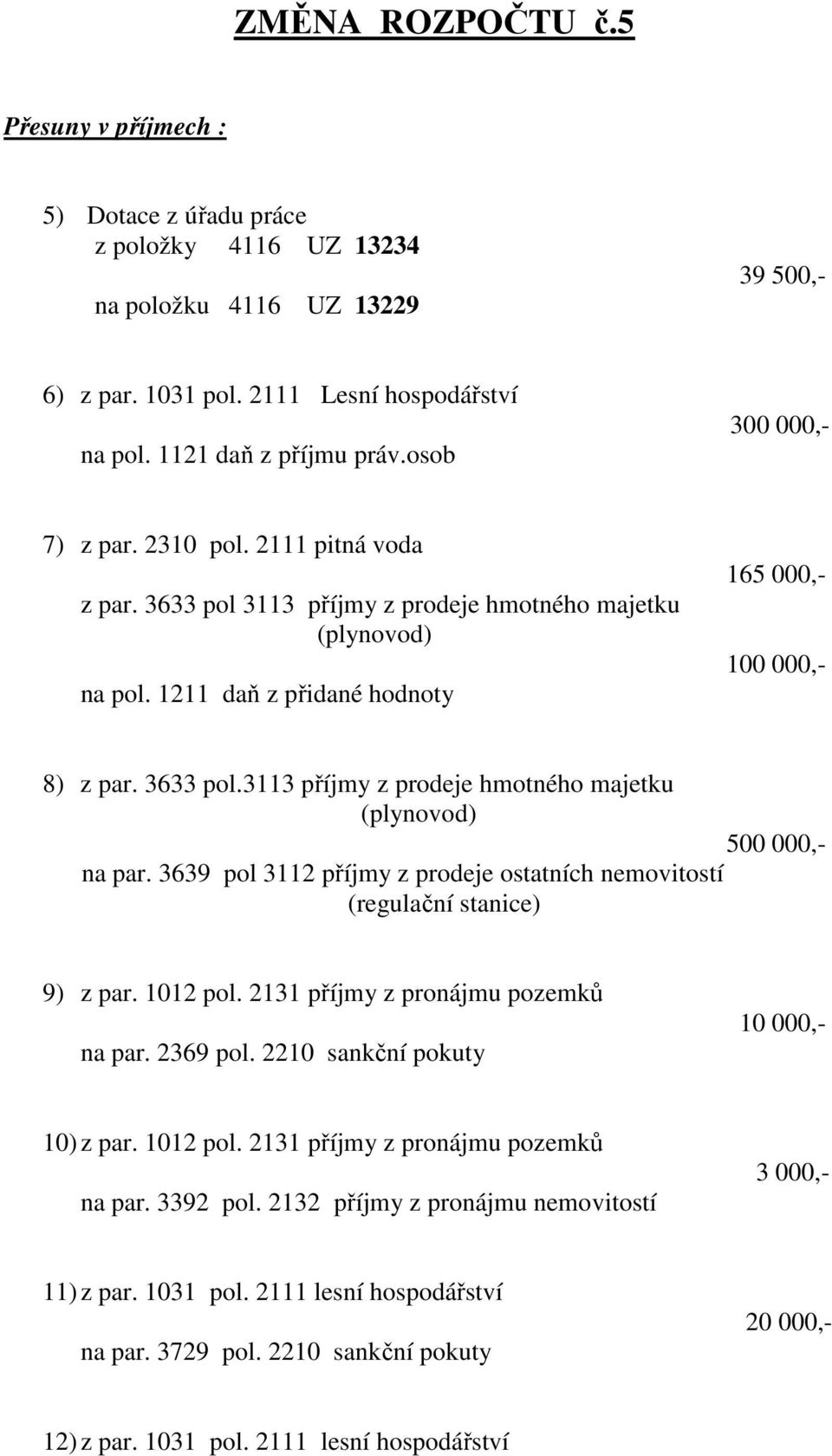 3639 pol 3112 příjmy z prodeje ostatních nemovitostí (regulační stanice) 9) z par. 1012 pol. 2131 příjmy z pronájmu pozemků na par. 2369 pol. 2210 sankční pokuty 10 000,- 10) z par. 1012 pol. 2131 příjmy z pronájmu pozemků na par. 3392 pol.