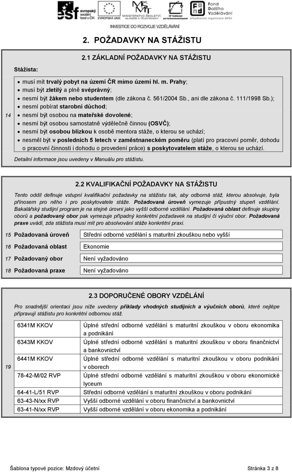 ); nesmí pobírat starobní důchod; nesmí být osobou na mateřské dovolené; nesmí být osobou samostatně výdělečně činnou (OSVČ); nesmí být osobou blízkou k osobě mentora stáže, o kterou se uchází;