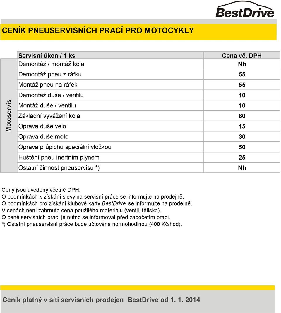 CENÍK PNEUSERVISNÍCH PRACÍ PRO MOTOCYKLY - PDF Stažení zdarma