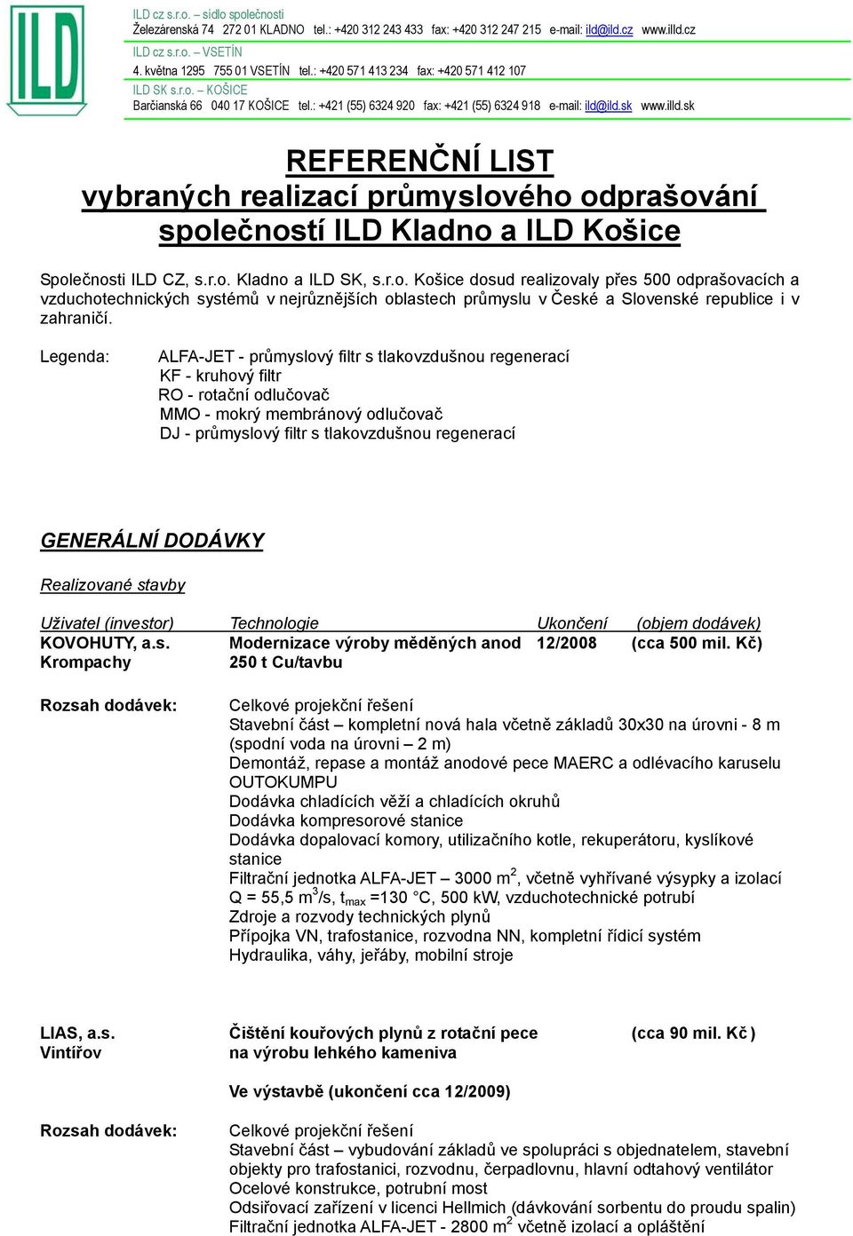 REFERENČNÍ LIST vybraných realizací průmyslového odprašování společností  ILD Kladno a ILD Košice - PDF Stažení zdarma