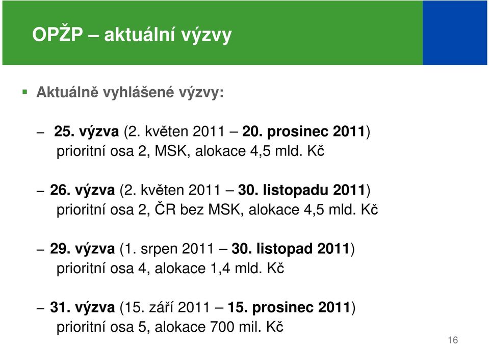 listopadu 2011) prioritní osa 2, ČR bez MSK, alokace 4,5 mld. Kč 29. výzva (1. srpen 2011 30.