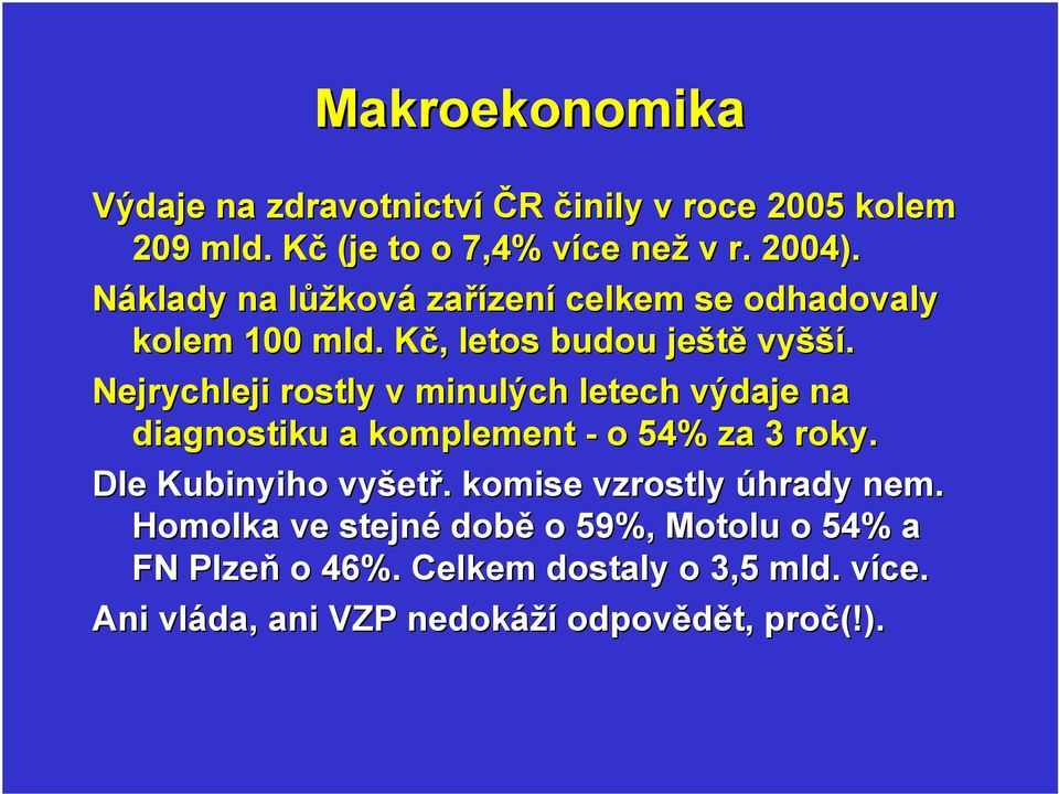 Nejrychleji rostly v minulých letech výdaje na diagnostiku a komplement - o 54% za 3 roky. Dle Kubinyiho vyšetř.