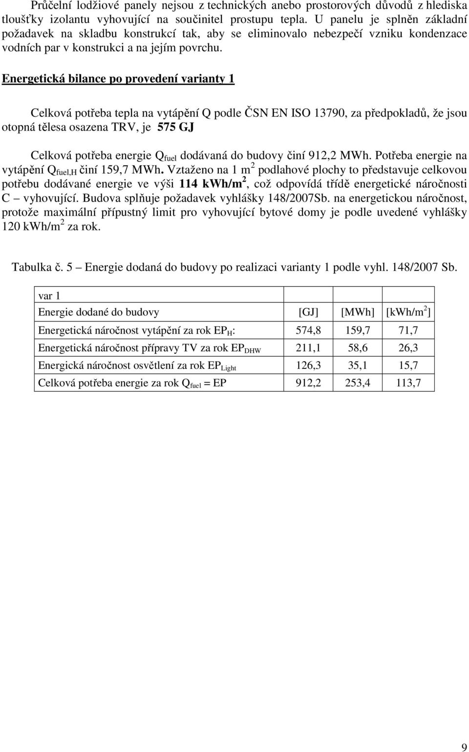 Energetická bilance po provedení varianty 1 Celková potřeba tepla na vytápění Q podle ČSN EN ISO 13790, za předpokladů, že jsou otopná tělesa osazena TRV, je 575 GJ Celková potřeba energie Q fuel