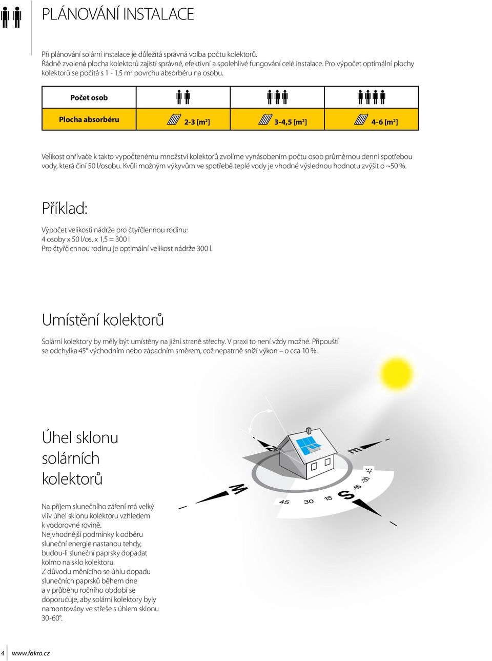 Počet osob Plocha absorbéru 2-3 [m 2 ] 3-4,5 [m 2 ] 4-6 [m 2 ] Velikost ohřívače k takto vypočtenému množství kolektorů zvolíme vynásobením počtu osob průměrnou denní spotřebou vody, která činí 50
