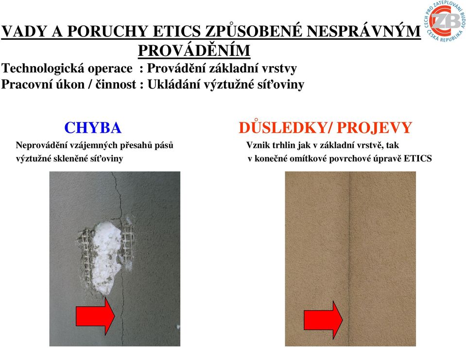 CHYBA DŮSLEDKY/ PROJEVY Neprovádění vzájemných přesahů pásů Vznik trhlin jak v