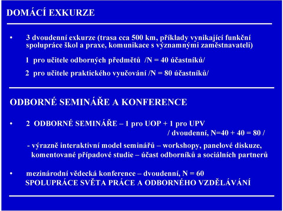 KONFERENCE 2 ODBORNÉ SEMINÁŘE 1 pro UOP + 1 pro UPV / dvoudenní, N=40 + 40 = 80 / - výrazně interaktivní model seminářů workshopy, panelové