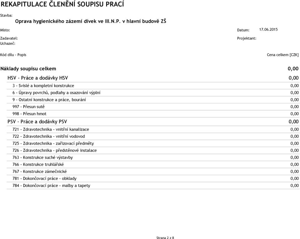 0,00 9 - Ostatní konstrukce a práce, bourání 0,00 997 - Přesun sutě 0,00 998 - Přesun hmot 0,00 PSV - Práce a dodávky PSV 0,00 721 - Zdravotechnika - vnitřní kanalizace 0,00 722 - Zdravotechnika -