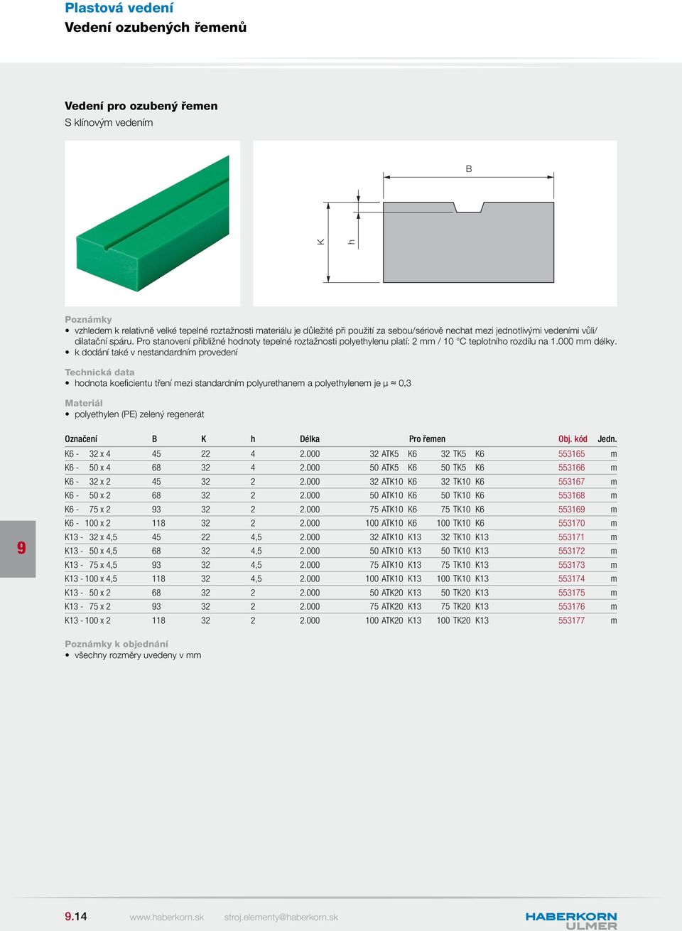 Technická data hodnota koefi cientu tření mezi standardním polyurethanem a polyethylenem je μ 0,3 polyethylen (PE) zelený regenerát Označení K h Délka Pro řemen Obj. kód Jedn. K6-32 x 4 45 22 4 2.