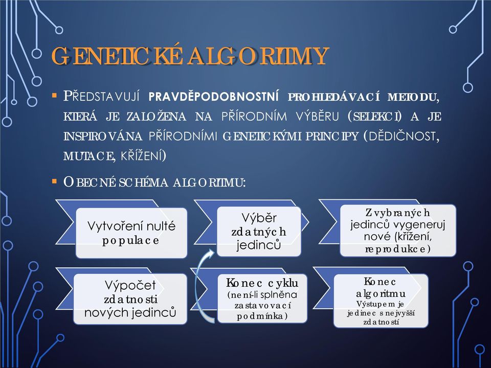 Vytvoření nulté populace Výběr zdatných jedinců Z vybraných jedinců vygeneruj nové (křížení, reprodukce) Výpočet