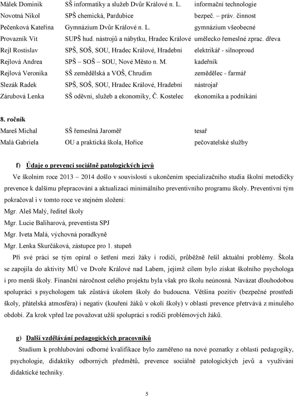 sto n. M. kadeřník Rejlová Veronika SŠ zemědělská a VOŠ, Chrudim zemědělec - farmář Slezák Radek SPŠ, SOŠ, SOU, Hradec Králové, Hradební nástrojař Zárubová Lenka SŠ oděvní, služeb a ekonomiky, Č.