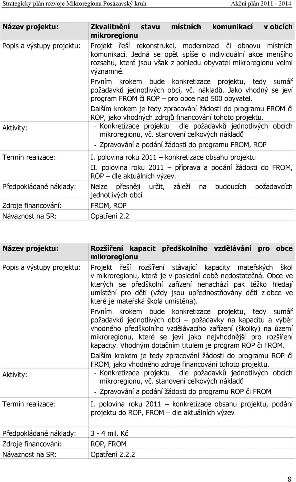 nákladů. Jako vhodný se jeví program FROM či ROP pro obce nad 500 obyvatel. Dalším krokem je tedy zpracování žádosti do programu FROM či ROP, jako vhodných zdrojů financování tohoto u.